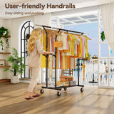 YGleeao Heavy Duty Clothes Rack: 800LBS Rolling Clothing Garment Rack for Hanging Coat Double Rods Portable Cloth Racks with Wheels Shelf Sturdy Metal Adjustable Wardrobe Bedroom Laundry Living Room