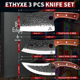 Ethyxe Butcher Knife Set – 3PCS Hand Forged Kitchen Knife Set with Serbian Chef Knife, Viking Boning Knife & Meat Cleaver, High Carbon Steel for Meat Cutting, Outdoor BBQ, Camping, Gift for Men