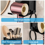 BOIVSHI Hair Dryer Holder Wall Mounted, Metal Hair Dryer Holder for Bathroom, Blow Dryer Holder with Plug Cord Organizer, Self Adhesive or Screw Hair Tool Organizer for Bathroom, Makeup Room, Black