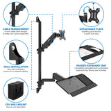 Mount-It! Single Monitor Arm Wall Mount Workstation with Keyboard Tray & CPU Holder, Height Adjustable Gas Spring Full Motion Computer Station, Fits 17–32” VESA 75x75 100x100, Black