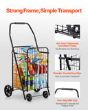 VEVOR Shopping Cart, Folding Grocery Utility Cart with Swivel Wheels, 90 LBS Large Load Capacity, Heavy Duty Rolling Laundry Basket Butler, Black