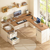 63" Farmhouse L Shaped Executive Desk with Drawers & Storage Shelf,