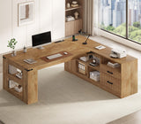Executive Desk, Large Office Desk with Drawers & Power Outlets, L Shaped Computer Desk with Storage Shelves