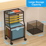 BOHDK Rolling File Cart, 6-Tier Under Desk Organizer on Lockable Wheels, Brown Wood Planks & Mesh File Cart with Sliding Drawer and Paper Trays for Office Home School, 14.8" L x 11.8" D x 27.7" H BOHDK