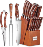 Kitchen Knife Set, 16 Pcs Stainless Steel Kitchen Knife Set with Sharpener & Wooden Block, Knife Block Set with Wood Handle, Chef, Santoku, Bread, Utility, Paring & Carving Fork Knife, Brown