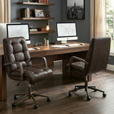 KISLOT Home Office Desk Chair, Ergonomic Office Chair with Square-Patterned Leather Upholstery, Adjustable Swivel Computer Chair with Wood Arms & Wheels, Soft-Rounded Front Edge, Espresso
