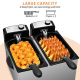 SUSTEAS Deep Fryer, 2 Baskets Electric Oil Fryer with 5.4QT/6L,3000W Timer Control Adjustable Temperature, Lid with Viewing Window and Odor Free Filter, Stainless Steel, Perfect for Kitchen, Fry Fish