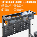 Fishing Rod Holders for Garage, Fishing Pole Rack with 3 Tier shelf, Heavy Duty Fishing Pole Holders with Pegboard and Basket, Freestanding Fishing Rod Rack Hold up to 12 Fishing Rods, Black