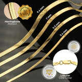 ONTHOLOGIE, 9.4 mm Herringbone Chain Necklace for Women Men 18K Gold Over Italian 925K Stamped Solid Sterling Silver, Flat Snake Chain, 18 Inch