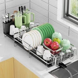 Pantasia Large Dish Drying Rack, Expandable Dish Rack, Stainless Steel Anti-Rust Dish Racks for Kitchen Counter, Multifunctional Dish Drainer with Utensil Holder & Cup Holder, 13.4"-28.7" L x 11.8" W