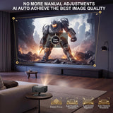 【Compatible with Netflix & 180° Stand】Smart Projector with WiFi and Bluetooth, AI Auto Focus & Keystone Portable Movie Projector, Native 1080P 4K Support Home Theater Outdoor Proyector-Black