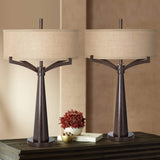 Franklin Iron Works Tremont Mid Century Modern Industrial Table Lamps 31.5" Tall Set of 2 Rich Bronze Iron Burlap Fabric Drum Shade for Living Room Bedroom House Bedside Nightstand Home Office