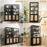 SICOTAS 71" Tall Rattan Bookshelf with Doors for Living Room Library
