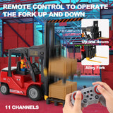 Mscredse RC Forklift with Trailer, 2 in 1 Transform Lift Fork & Hook, Kids Forklift Toy with Light & Sound & Spray, 11 Channel Remote Control Forklift, Construction Vehicles Toy Gift for Kids 6+ (Red)