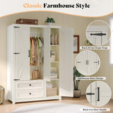 AMERLIFE Farmhouse 3 Door Wardrobe Closet with 2 Drawers & Hanging Rod, 47" Large Armoire Storage Cabinet with Adjustable Shelves, Freestanding Clothing Organizer for Bedroom, White