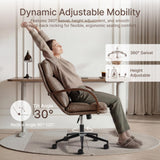 KISLOT Home Office Desk Chair, Ergonomic Office Chair with Lumbar Support, Adjustable Swivel Computer Chair with Wheels, Faux Leather Executive Task Chair with Wood Arms, Brown