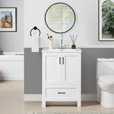 Yaheetech 24.5" Modern Bathroom Vanity with Ceramic Basin, Undermount Vanity Sink Cabinet with 2 Doors and 1 Drawer, Free Standing Bathroom Storage Cabinet with Sink Combo Set, White