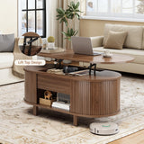 ONBRILL 43.3" Oval Lift Top Coffee Table with Hidden Compartment, Fluted Wood Coffee Table with Sliding Door, Mid-Century Modern Lift Tabletop Dining Table for Living Room, Home Office, Walnut