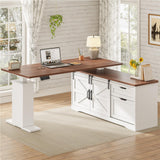 55 inch Height Adjustable Corner Desk with Storage Drawers, Standing Computer Desks with Power Outlets for Home Office