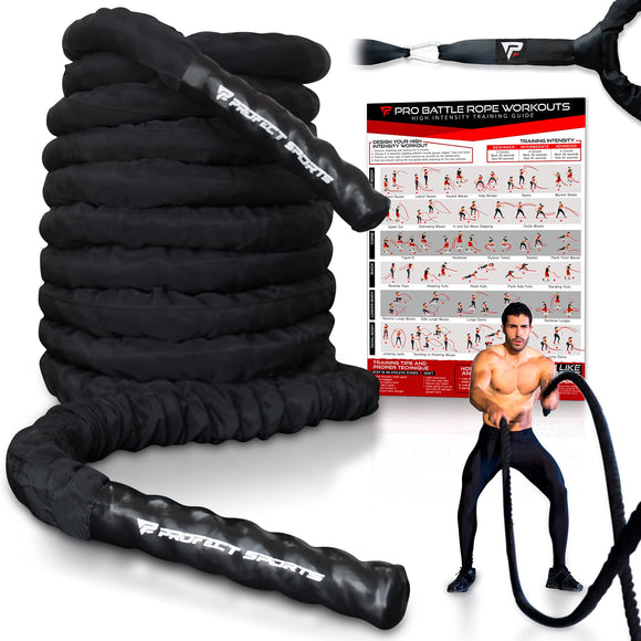 Pro Battle Ropes with Anchor Strap Kit and Exercise Poster – Upgraded Durable Protective Sleeve – 100% Poly Dacron Heavy Battle Rope for Strength Training, Cardio Fitness, CrossFit Rope (1.5” x 30 ft) Profect Sports