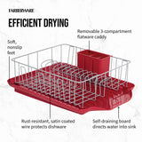 Classic Large Rust Resistant Full Dishrack with Removable 3 Compartment Flatware Caddy, Andlged Drain Board, 3-Piece, Red Farberware