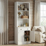 Foxemart 80" Tall Bookshelf with Drawer and Doors, Rustic White Bookcase