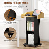 Podium Stand with Metal Wheels Wooden Teacher Lectern Portable Pulpit Standing