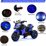 12V Electric Kids Motorcycle for 3-8 Year Old Boys Girls, 3-Wheel Ride-On Toy Motorbike with Lighting Wheels, Music Player (Connect with Phone) and Hand Drive (Blue)