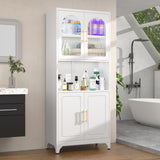 SteeLoong Metal Kitchen Pantry Storage Cabinet，75" Tall Storage Cabinets with 4 Doors and Adjustable Shelves ，White Hutch Cabinet with Microwave Stand,Large Kitchen Cupboard for Dining Room