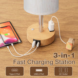 Touch Bedside Table Lamp with Memory - Stepless Dimmable Lamp for Bedroom, Small Nightstand Lamp with Dual USB Charging Ports and AC Outlet, Wood Night Light, Deak Lamp for Nursery, Living Room, Dorm