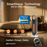 Emerson SmartVoice 23" Tower Space Heater, Offline Voice Control, 1500W Fast Heating, 65° Oscillation, Sleep Timer, Remote & Touch Control