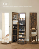 SONGMICS 6 LEDs Lockable Mirror Jewelry Cabinet, 360° Swivel Jewelry Organizer Armoire Standing, Frameless Full-Length Mirror, 3 Storage Shelves, Rustic Brown Surface, Black Lining UJJC007X01