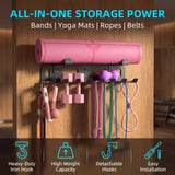 Heavy-Duty Wall Mounted Metal Gym Wall Storage Rack, Multi-Purpose Home Gym Organization & Gym Equipment Storage Organizer for Yoga Mat, Resistance Bands, Jump Ropes, Weight Belts – Space-Saving Garage Gym Storage with Removable Hooks
