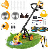 Electric Weed Wacker Cordless with Wheels,Electric Weed Eater Battery Powered 4000mAh,4 in 1 Grass Trimmer/Brush Cutter/Grass Edger/Small Lawn Mower,No String Trimmer with Blade, 2 Battery (Yellow)