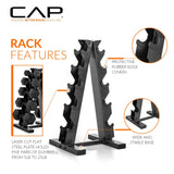 CAP 150 LB Rubber Coated Hex Dumbbell Hand Weight Set with Vertical Storage Rack | Black Handle