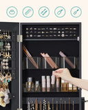 SONGMICS Jewelry Cabinet Armoire, Freestanding Lockable Storage Organizer Unit with 2 Plastic Cosmetic Storage, Full-Length Frameless Mirror, for Necklace Earring, Black UJJC002B01