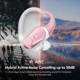 Active Noise Cancelling Ear Buds Wireless Bluetooth Headphones 80H Playtime Display Charging Case 50dB ANC Over Ear Hooks Earbuds with Hi-Res Sound Clear Calls for Sports Running Gym Workout Rose Gold