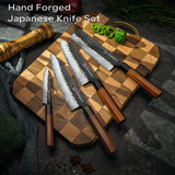 FAMCüTE Japanese Knife Block Set, Hand Forged 5-Layer 9CR18MOV Clad Steel Ultra Sharp Kitchen Knives with Wooden Storage & Rosewood Handle
