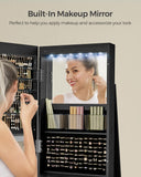 SONGMICS 6 LEDs Lockable Mirror Jewelry Cabinet, 360° Swivel Jewelry Organizer Armoire Standing, Frameless Full-Length Mirror, 3 Storage Shelves, Black Surface, Black Lining UJJC007B01