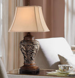 Traditional Table Lamps 32.5" Tall Set of 2 Bronze Brown Carved Leaf Openwork Vase Tan Rectangular Shade Decor Barnes and Ivy