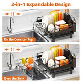Urackify Dish Drying Rack - Extendable Dish Drainer, Large Dish Rack for Kitchen Counter, Rustproof Dish Strainer with Utensil Holder and Cups Holder, 1 Tier Black