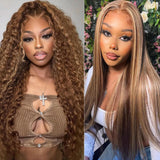 OiMiGO 26 Inch 13 * 4 Highlight Lace Front Human Hair Wigs, Strawberry Blonde Mixed Platinum Blonde Ombre Straight Lace Closure Wig 100% Remy Virgin Hair for Women, Pre Plucked with Baby Hair