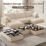 NABUMI 107" Modular Sectional Sofa with Storage, Oversized U-Shaped Boneless Couch with Ottoman, 27" Deep Seat Memory Foam Corduroy 5-Seater Cloud Couches for Living Room, Tool-Free Assembly, Beige