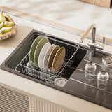 JAQ Over Sink Dish Drying Rack for Medium to Large Sink, Expandable 15.08"–22.4", Adjustable 304 Stainless Steel Dish Drainer with Utensil Holder, Large Capacity Holds Up to 13 Plates