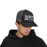 Believe in Him Christian Trucker Hat, Embroidered Hat for Men & Women, Jesus Religious Faith Apparel Black/Charcoal