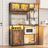Bigbiglife Bakers Rack with Power Outlet and LED Light, 42.5 inch Industrial Coffee Bar Cabinet with Trash Can Storage Bin Cabinet, Microwave Stand with Storage for Kitchen, Living Room