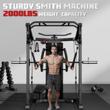 JELENS HM01 Home Gym System, 150LB Weight Stack Smith Machine with LAT Pull-Down & Leg Press, All-in-One Strength Training Equipment, Workout Station for Workout (Black, 370LBS Black Weights Package)