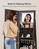 SONGMICS 6 LEDs Lockable Mirror Jewelry Cabinet, 360° Swivel Jewelry Organizer Armoire Standing, Frameless Full-Length Mirror, 3 Storage Shelves, Ash Brown Surface, Black Lining UJJC007K02
