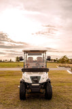 Paladin Luxury Golf Carts 2+2 Pure White, Brown Row Seats, Brown Stitching, Black Dashboard.