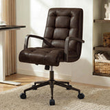 KISLOT Home Office Desk Chair, Ergonomic Office Chair with Square-Patterned Leather Upholstery, Adjustable Swivel Computer Chair with Wood Arms & Wheels, Soft-Rounded Front Edge, Espresso